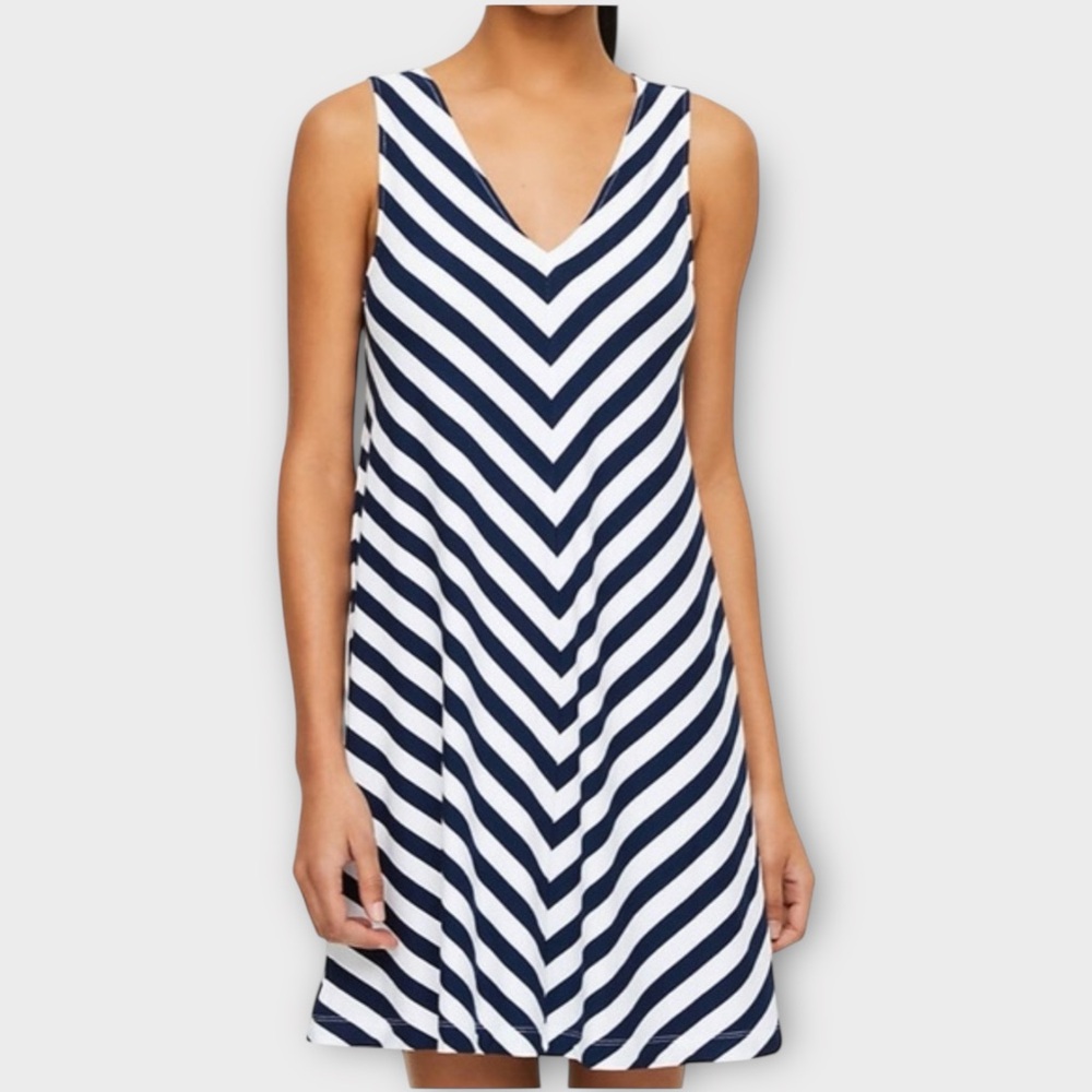LOFT Black & White Striped A-line Swing Dress 16/18 V-neck Loose Fit Casual NWT